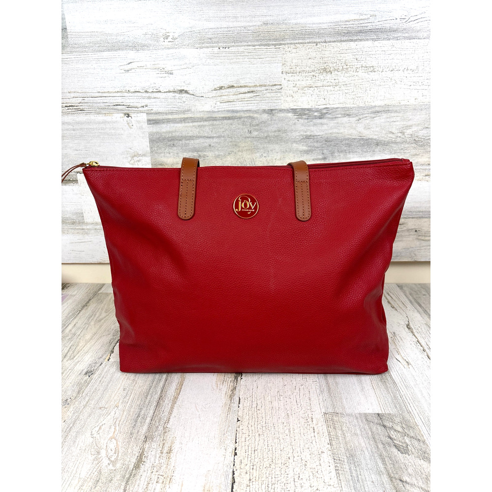 Joy Mangano Womens Red Leather Large Tote Bag Purse Laptop Weekender NEW